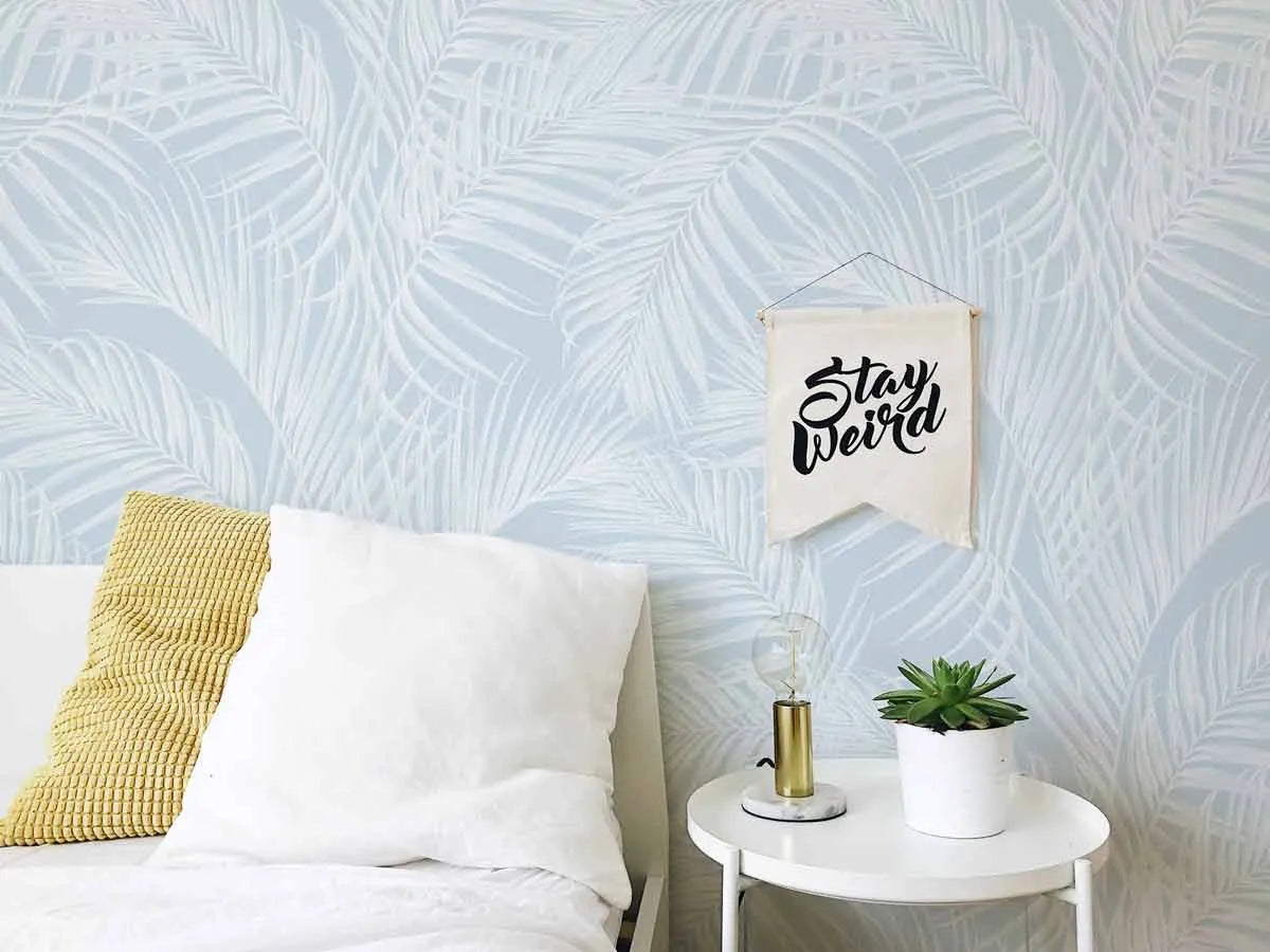 Palm Escape Light Blue Wallpaper from Olive et Oriel where you can shop wallpaper and artworks online