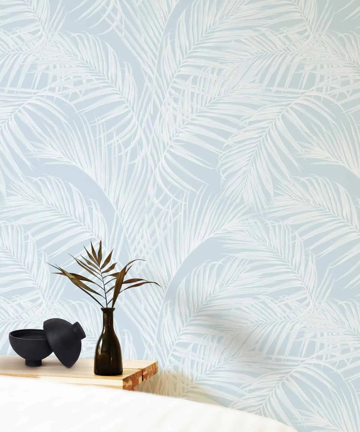 Palm Escape Light Blue Wallpaper from Olive et Oriel where you can shop wallpaper and artworks online