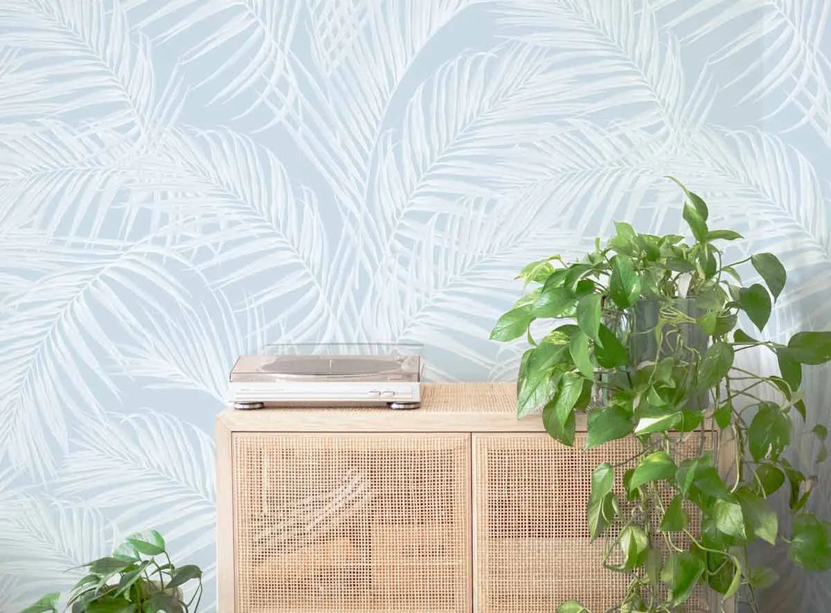 Palm Escape Light Blue Wallpaper from Olive et Oriel where you can shop wallpaper and artworks online