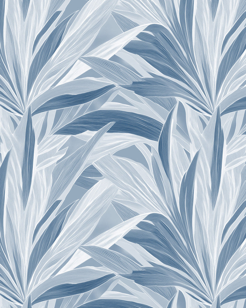 Palmier in Aegean Blue Commercial Vinyl Wallcovering-Commercial Wallcoverings-Olive et Oriel-Luxury commercial-grade embossed and textured vinyl wallcovering durable fire-rated washable stain-resistant and customizable perfect for hotels offices retail childcare healthcare and hospital spaces vinyl wallpaper