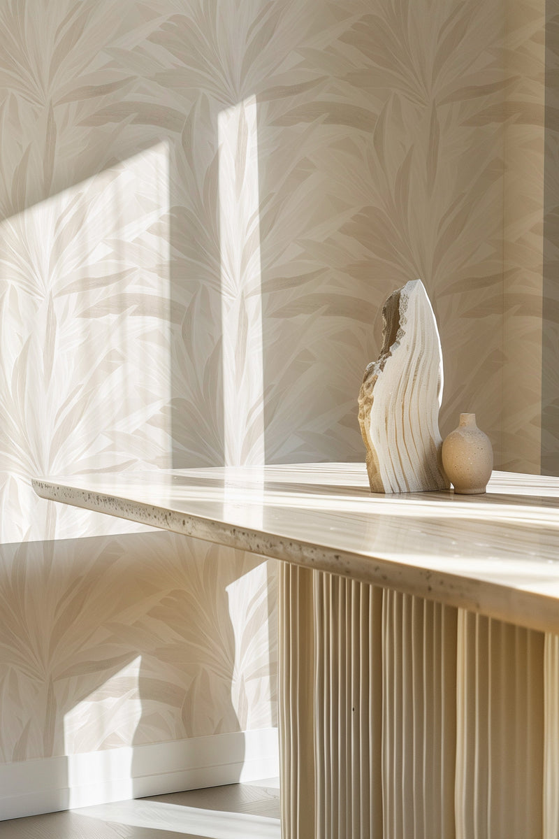 Palmier in Beige Commercial Vinyl Wallcovering-Commercial Wallcoverings-Olive et Oriel-Luxury commercial-grade embossed and textured vinyl wallcovering durable fire-rated washable stain-resistant and customizable perfect for hotels offices retail childcare healthcare and hospital spaces vinyl wallpaper