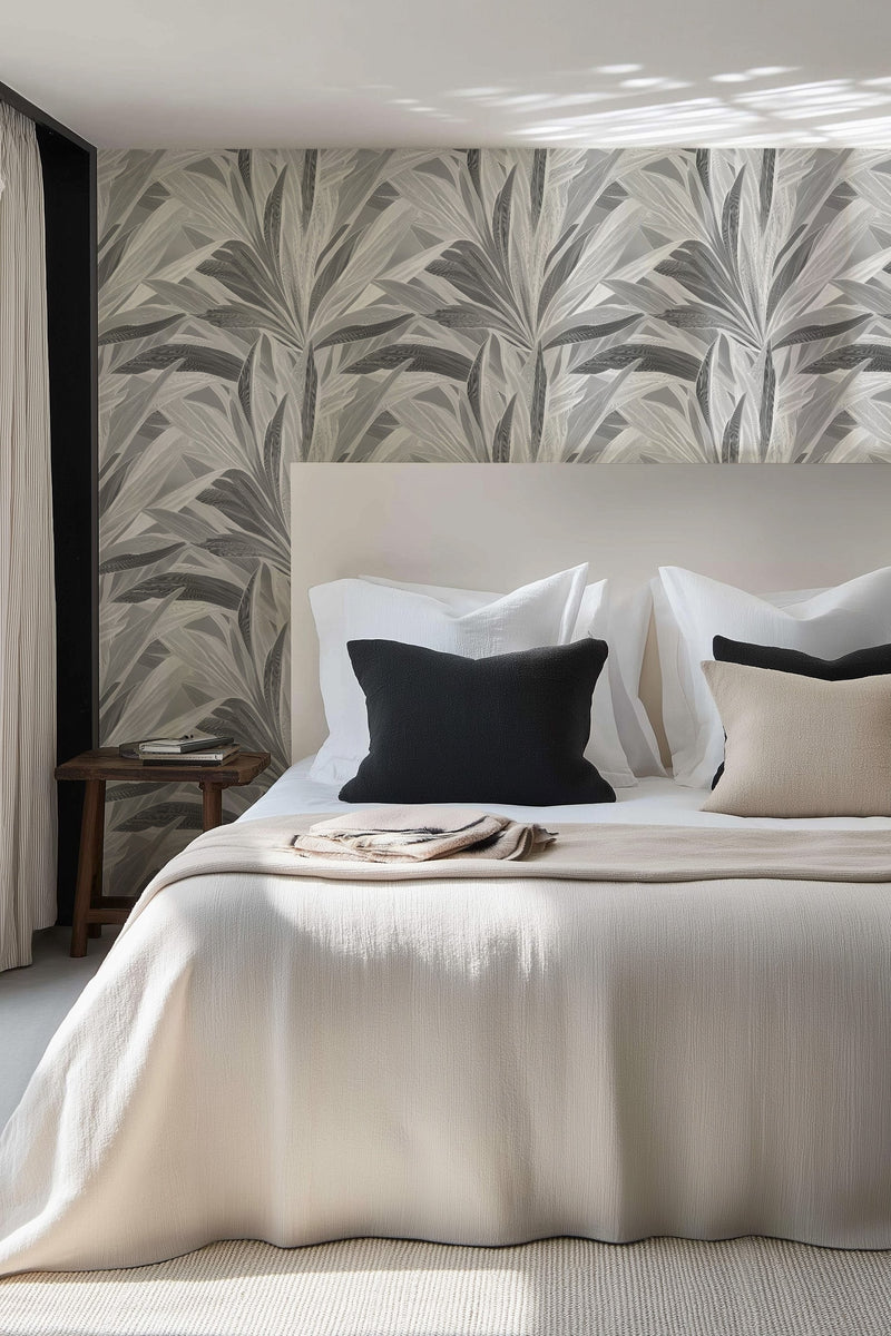 Palmier in Charcoal Commercial Vinyl Wallcovering-Commercial Wallcoverings-Olive et Oriel-Luxury commercial-grade embossed and textured vinyl wallcovering durable fire-rated washable stain-resistant and customizable perfect for hotels offices retail childcare healthcare and hospital spaces vinyl wallpaper