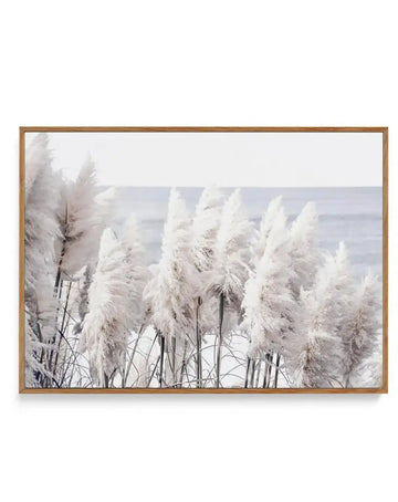 Framed canvas art print featuring tall pampas grass with feathery, cream-colored plumes swaying in the foreground, set against a misty coastal seascape with soft blue-gray water and hazy horizon. The photograph captures delicate texture and movement in the dried grass, rendered in pale neutral tones of ivory, beige, and soft gray. Natural wood-tone frame with horizontal orientation. Serene, minimalist composition evoking coastal landscape atmosphere.