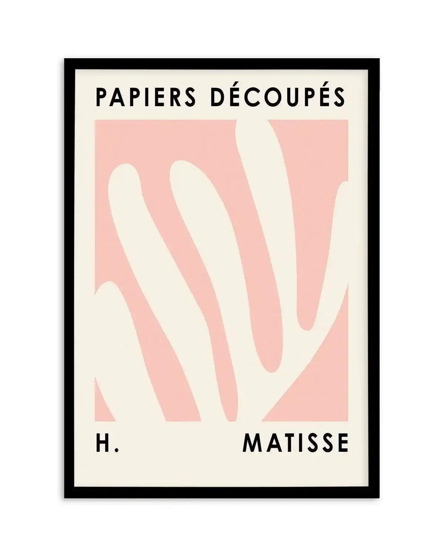 Art print featuring abstract, organic shapes in a soft blush pink on a cream background, with a black frame and white border. The top of the print reads "PAPIERS DÉCOUPÉS" in black capital letters, and the bottom reads "H. MATISSE" in black capital letters.