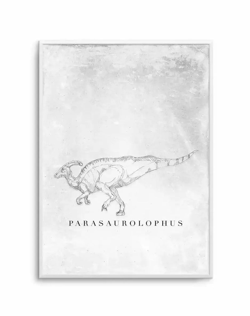 Art print featuring a detailed sketch of a Parasaurolophus dinosaur in profile, with a large crest on its head and a long tail, rendered in black lines on a textured white background, with the name "PARASAUROLOPHUS" printed below in black capital letters.