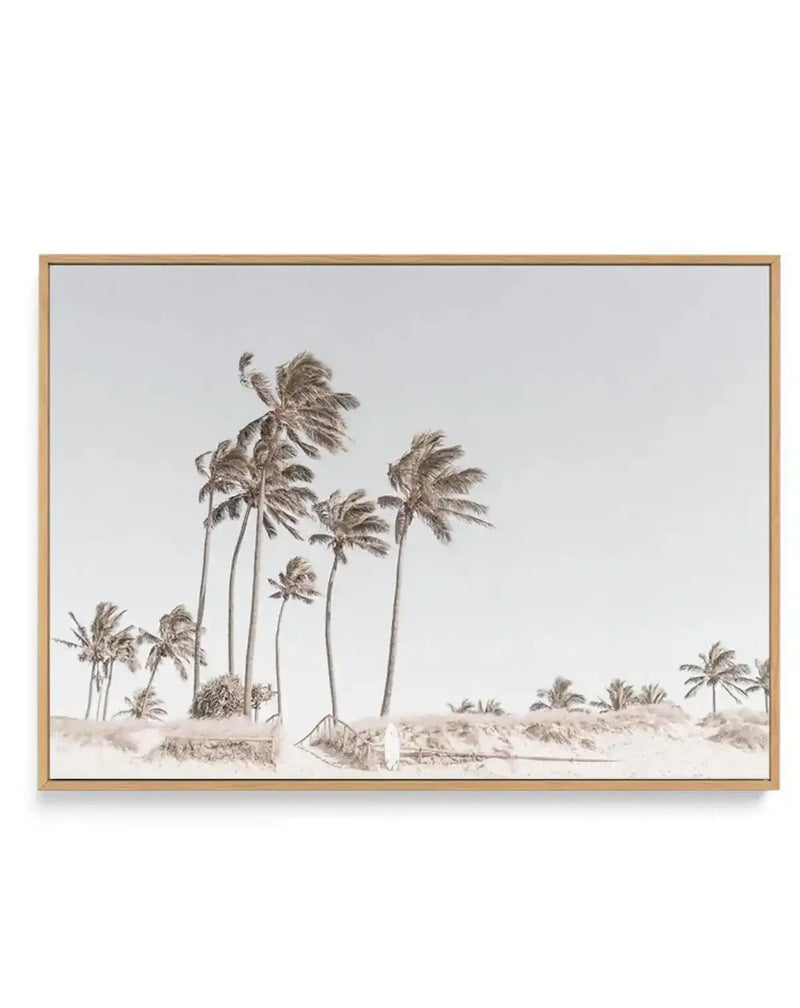 Framed canvas art print featuring a serene coastal landscape in soft, muted sepia tones. The composition shows tall palm trees with windswept fronds scattered across sandy dunes, with calm water visible in the middle ground and a pale sky above. The artwork has a vintage, hand-drawn quality rendered in warm beige and cream tones. The canvas is mounted in a natural wood frame with a white border, presented against a neutral background.