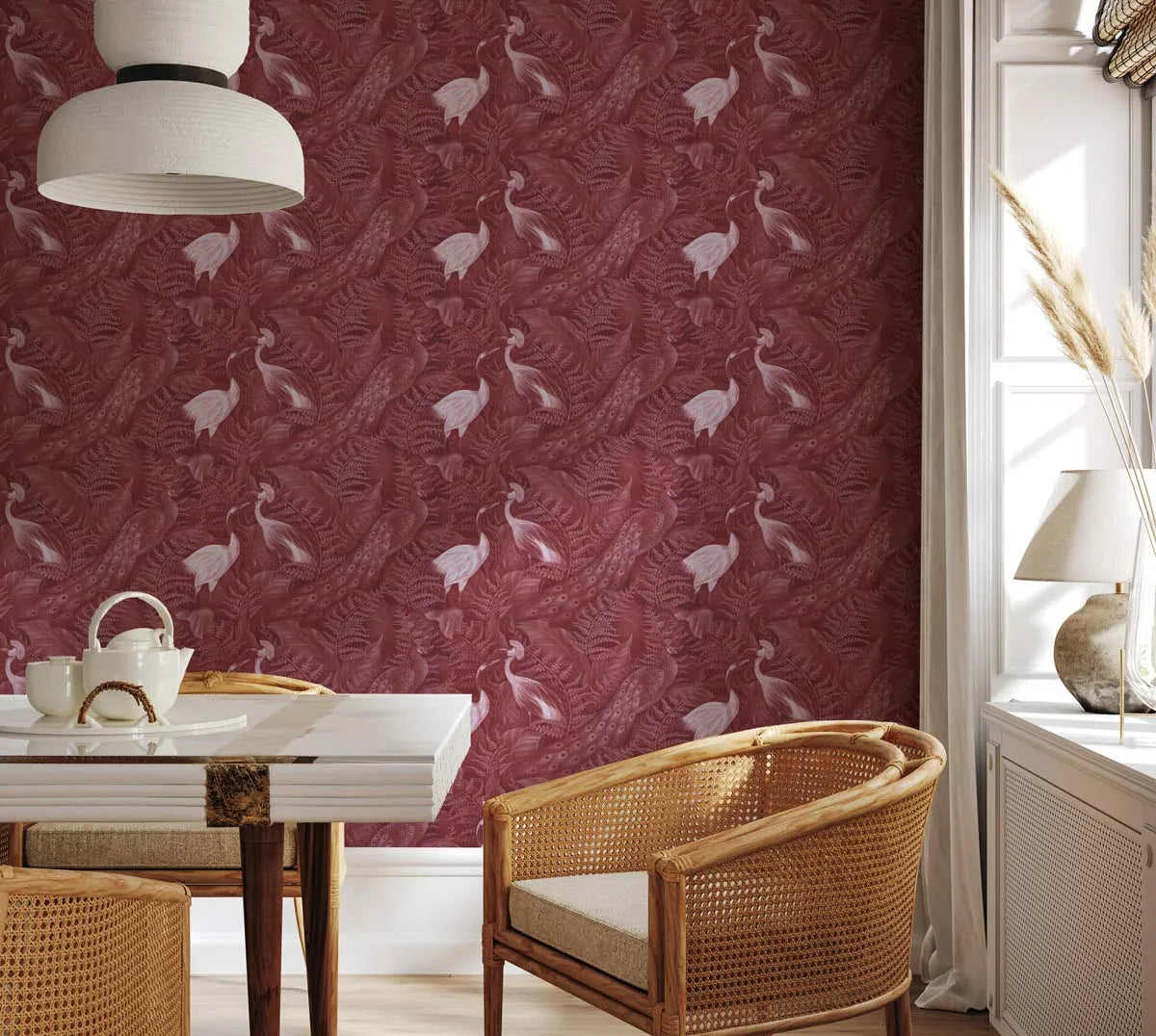 Peacock Luxe in Crimson Red Wallpaper from Olive et Oriel where you can shop wallpaper and artworks online
