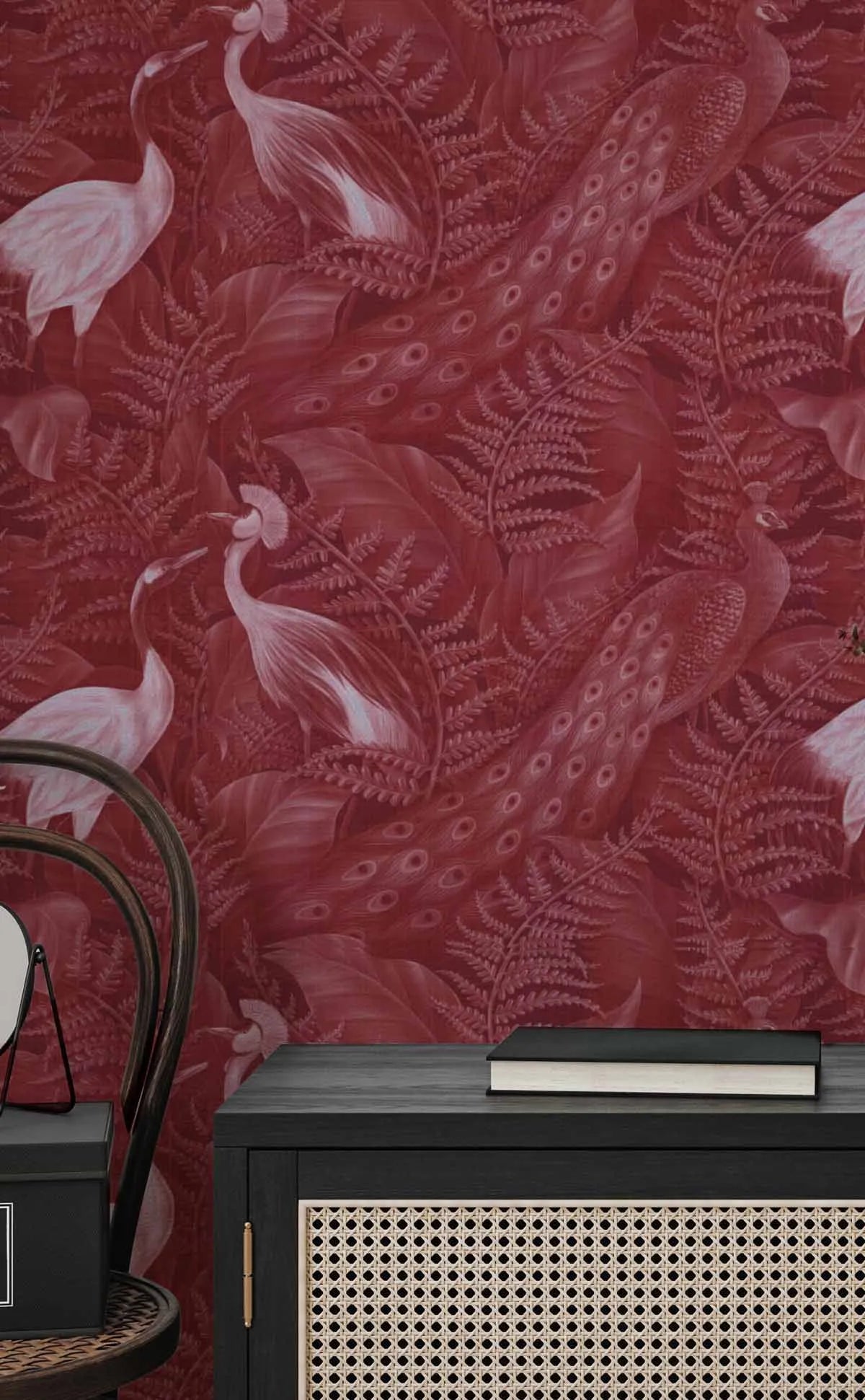 Peacock Luxe in Crimson Red Wallpaper from Olive et Oriel where you can shop wallpaper and artworks online