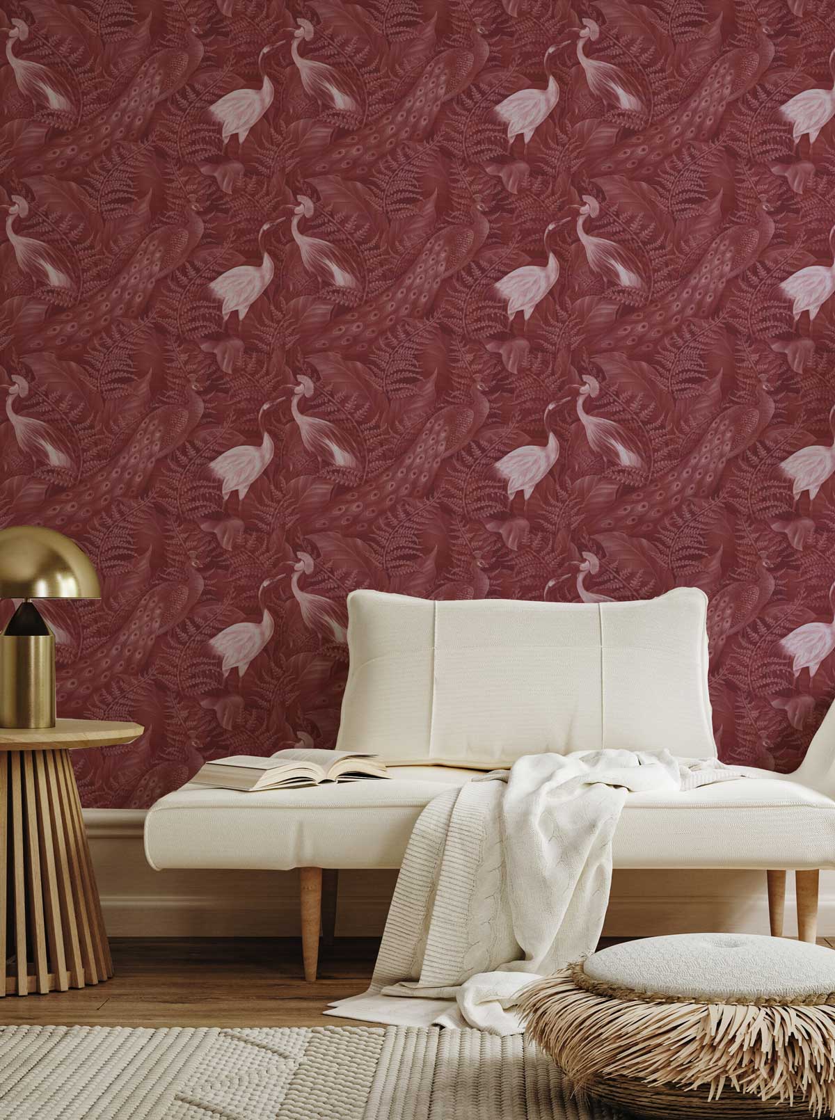 Peacock Luxe in Crimson Red Wallpaper