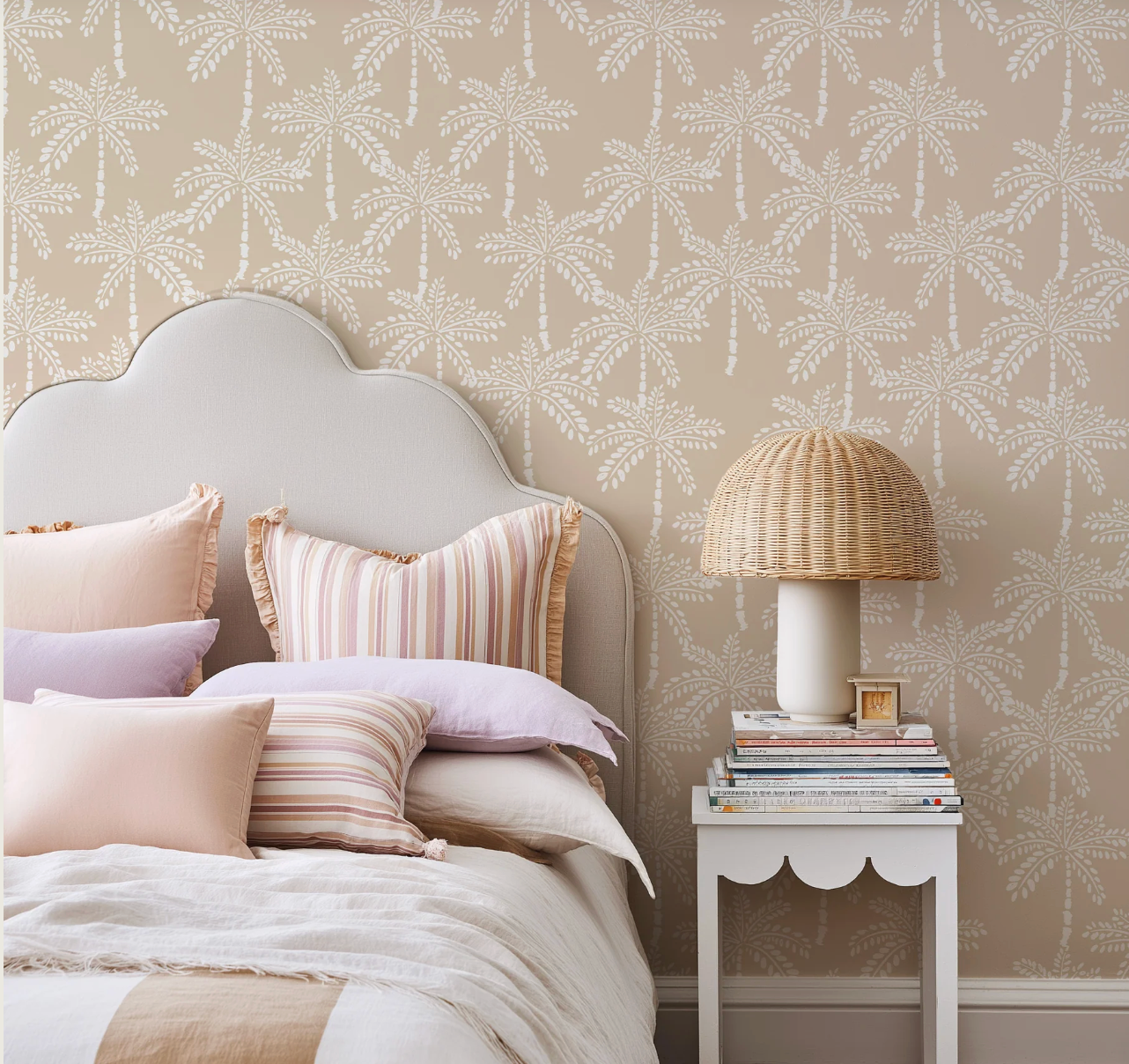 Peel and Stick On Removable Wallpaper in soft beige with palm trees, styled into a children's bedroom. Shop Peel & Stick Wallpaper Australia, with worldwide shipping.