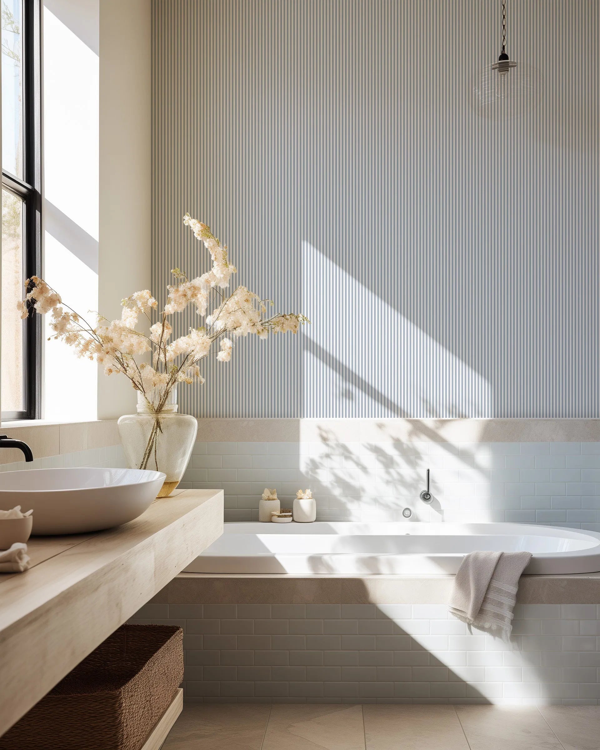 Petite Stripe In Ocean Wallpaper from Olive et Oriel where you can shop wallpaper and artworks online