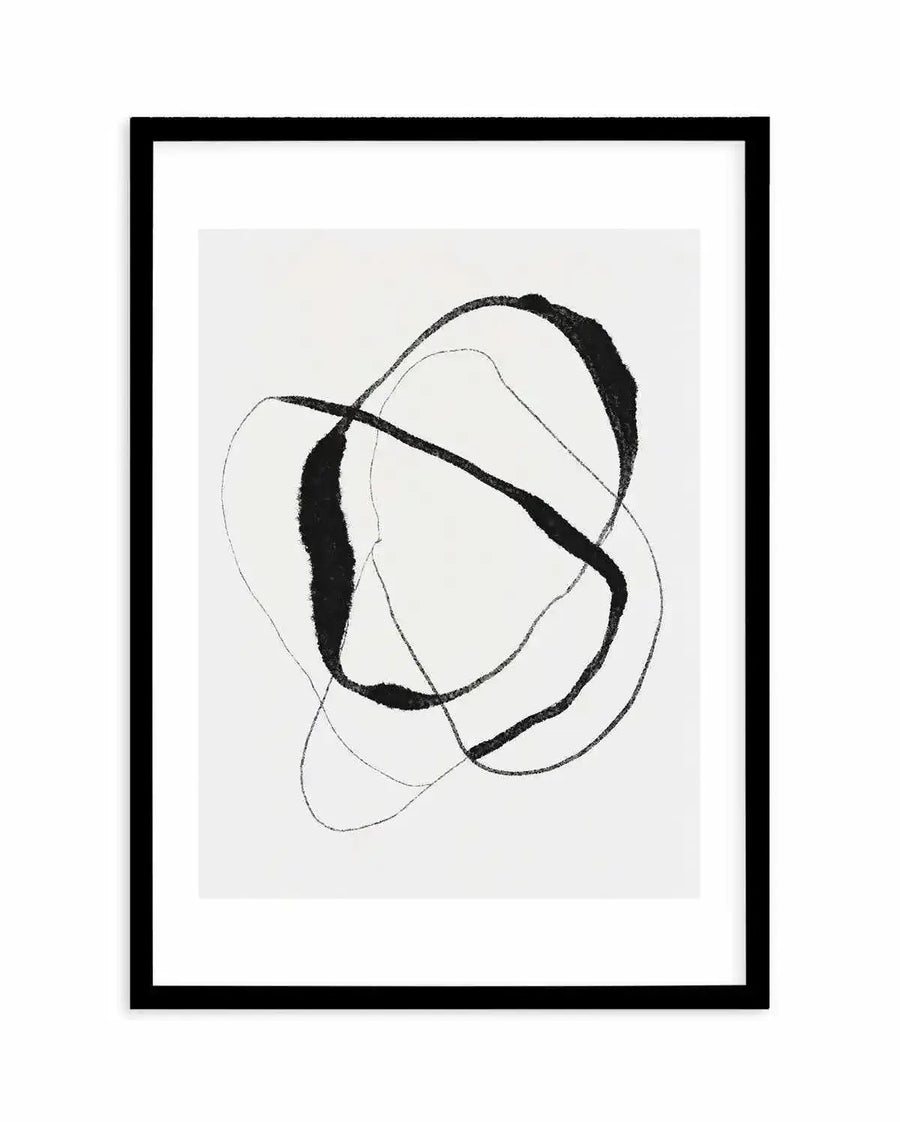 Abstract art print featuring bold, fluid black lines forming overlapping, organic shapes on a crisp white background, printed on fine art paper and displayed in a sleek black frame with white border.
