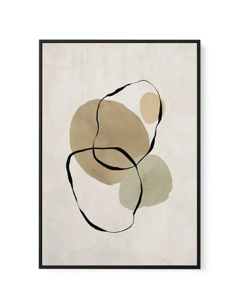 Framed canvas art print titled Pierre Abstraite II featuring abstract watercolor composition. Beige, tan, and sage green organic shapes in soft washes overlap with continuous black line drawing against cream background. Black frame with white border. Minimalist, contemporary aesthetic with muted earth tones.