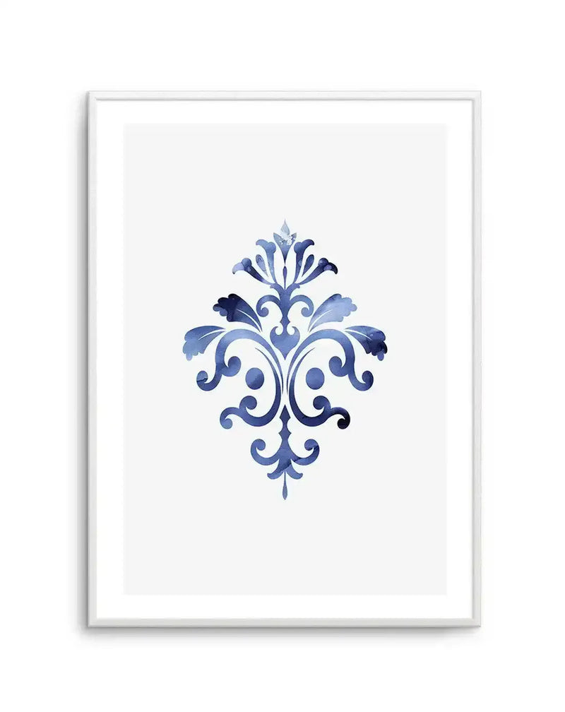 Watercolour art print featuring a symmetrical damask-style motif in varying shades of deep blue and indigo, with visible brushstroke texture, displayed in a white frame with a white border.