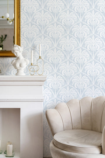 Priano Palms in Light Blue Wallpaper from Olive et Oriel where you can shop wallpaper and artworks online