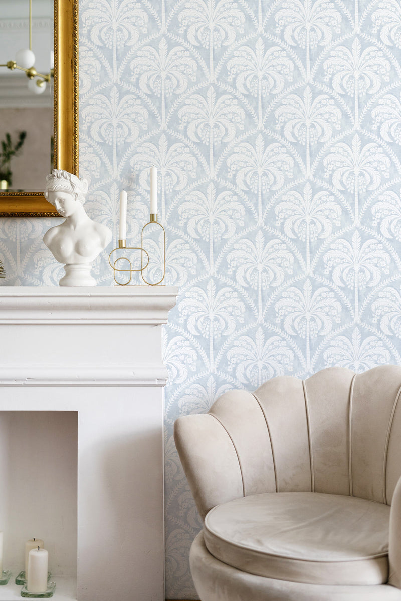 Priano Palms in Light Blue Wallpaper from Olive et Oriel where you can shop wallpaper and artworks online