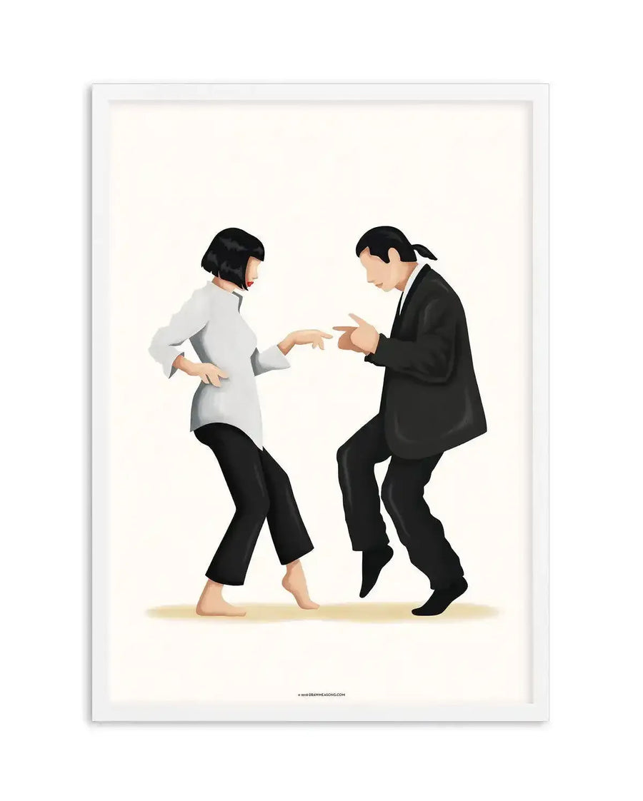 Watercolour art print featuring two figures, a woman with a black bob and white shirt and black pants, and a man with a black ponytail and black suit, dancing in a stylised pose reminiscent of the Pulp Fiction movie, on a cream background, displayed in a white frame with white border.