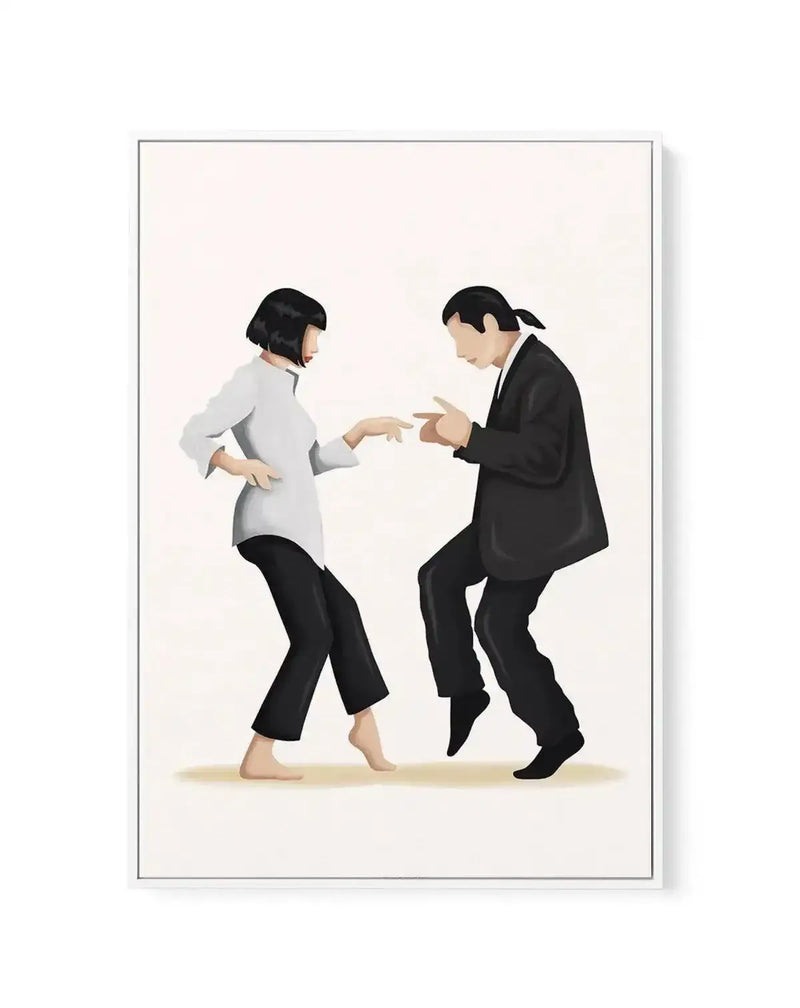 Framed canvas art print featuring an illustration of two business professionals dancing together against a cream background. The figure on the left wears a light gray top and black pants, barefoot, while the figure on the right wears a black suit. Both have black hair and are shown in mid-dance with animated poses and gestures. The illustration uses a minimalist style with soft shading and muted tones. The canvas is mounted in a simple gray frame with a white border.