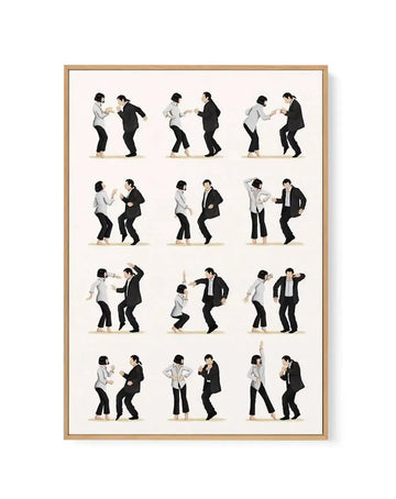 Gallery-wrapped canvas print featuring a grid of 16 illustrations of a man and woman dancing in various poses, inspired by the iconic dance scene from Pulp Fiction. The figures are depicted in a minimalist style with black suits and white shirts, against a plain cream background. The print is framed in a natural oak frame.