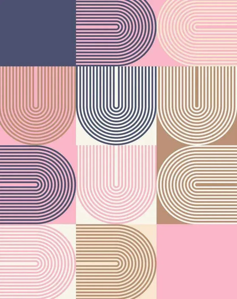 Peel and stick wallpaper featuring a repeating geometric pattern of large U-shaped arches and half-arches in various colours. The pattern is arranged in a grid of 3x3 squares, with each square containing a different colour combination of the arches and background. Colours include dusty rose, deep navy blue, warm cream, soft pink, and light brown. The arches are composed of multiple parallel lines, creating a striped effect.