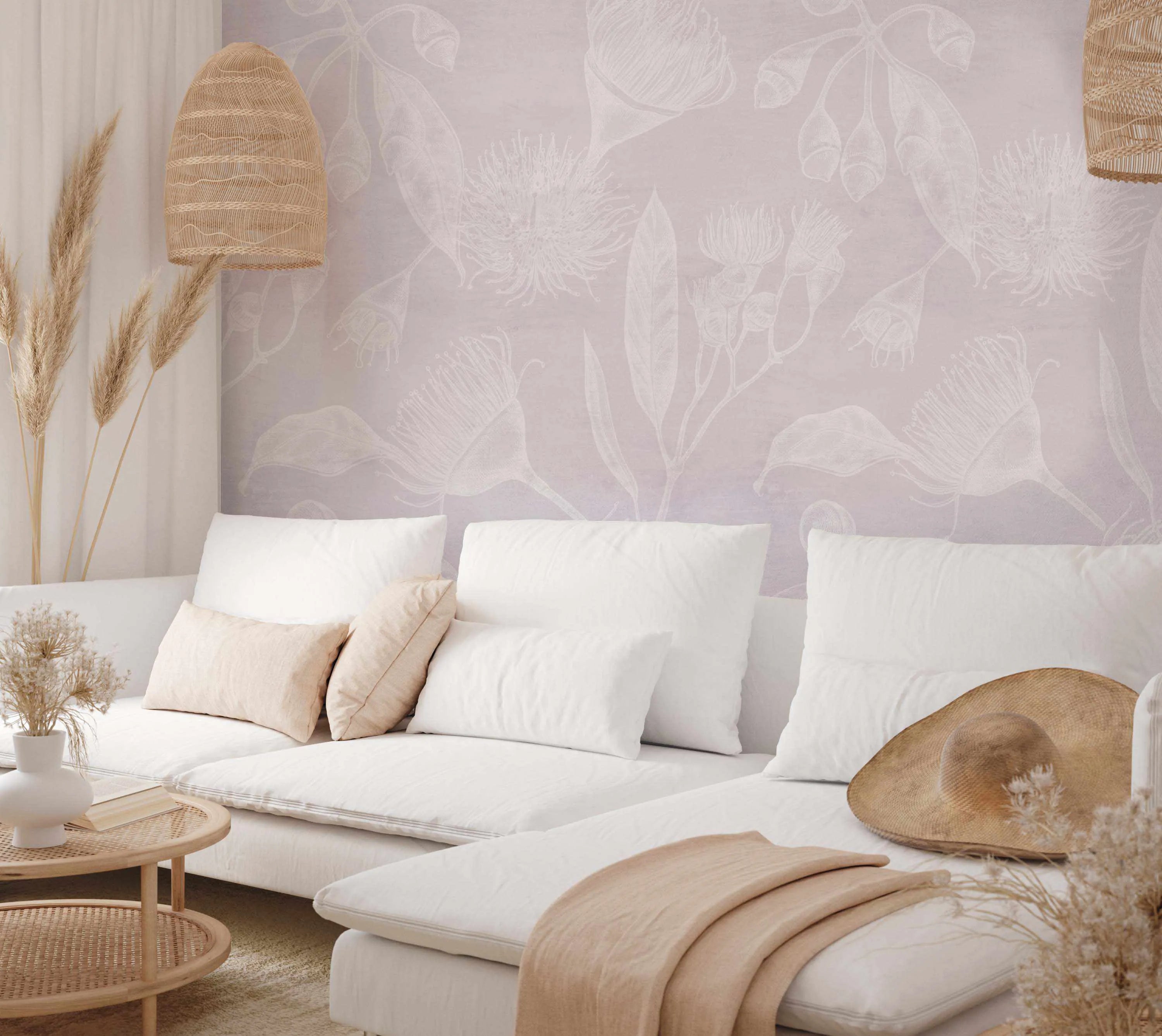 Flowering Gum in Lilac Wallpaper from Olive et Oriel where you can shop wallpaper and artworks online