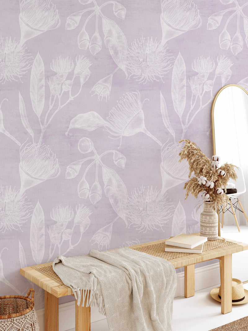 Flowering Gum in Lilac Wallpaper from Olive et Oriel where you can shop wallpaper and artworks online