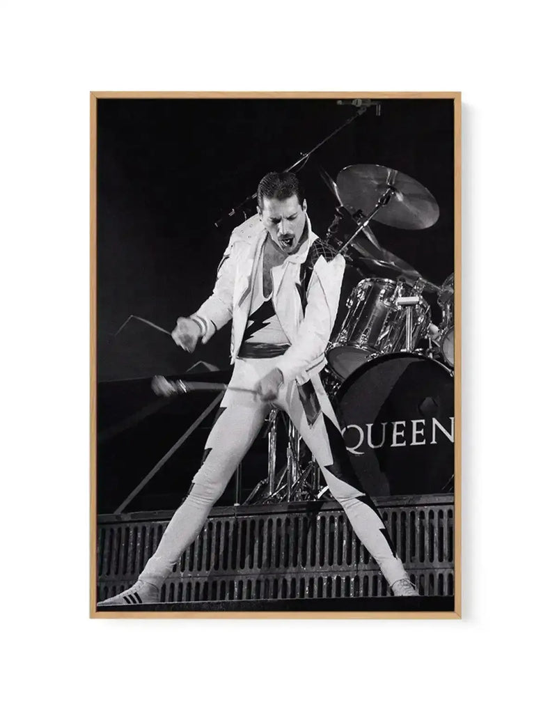 Black and white framed canvas art print featuring a performer in a white suit and black shirt jumping dynamically on stage with a microphone, drum kit visible in the background. The word "QUEEN" appears on the drum kit. Natural wood frame with black canvas and white border. High-contrast photography with dramatic stage lighting capturing an energetic live performance moment.