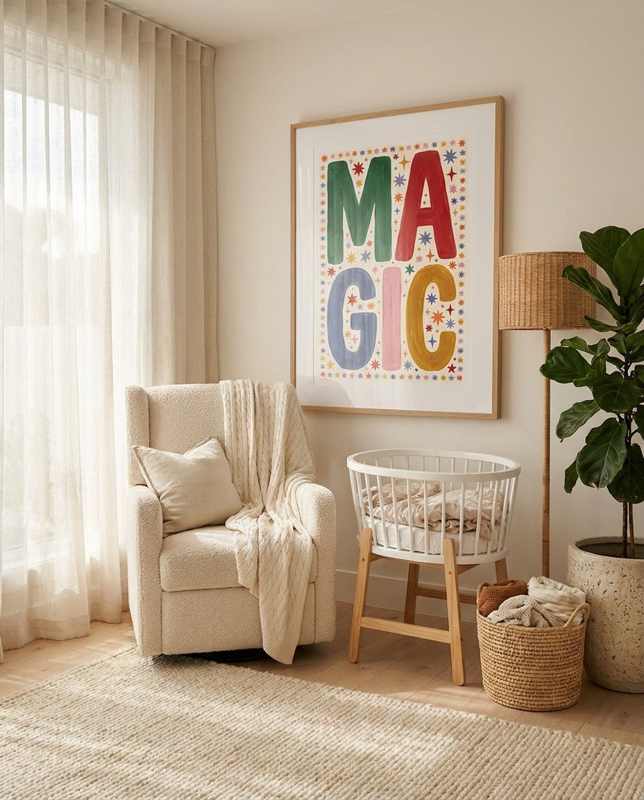Rainbow Magic nursery art print framed and styled on the wall of a coastal Australian baby room at Olive et Oriel