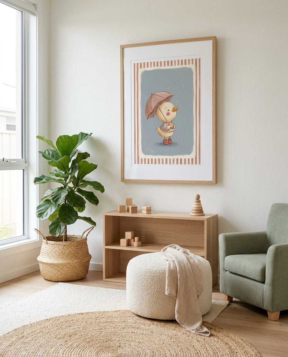 Rainy Day Duckling nursery art print framed and styled on the wall of a coastal Australian baby room at Olive et Oriel