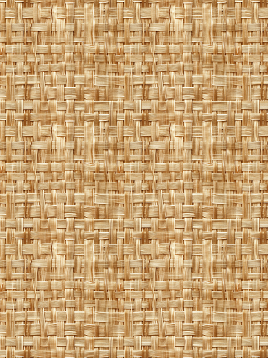 Close-up of tan woven basket-weave rattan-texture commercial vinyl wallpaper in beige and brown tones
