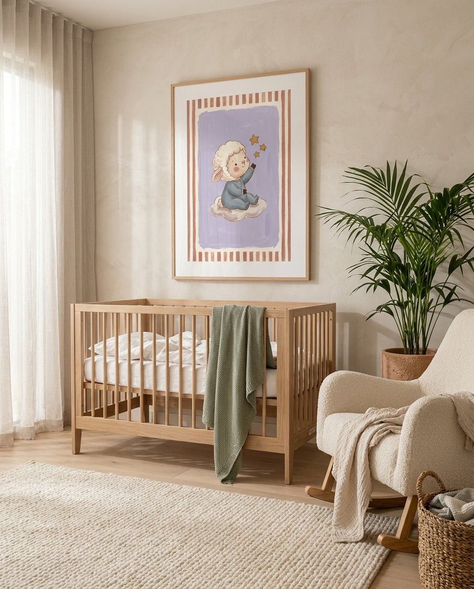Reach For The Stars, Lamb nursery art print framed and styled on the wall of a coastal Australian baby room at Olive et Oriel