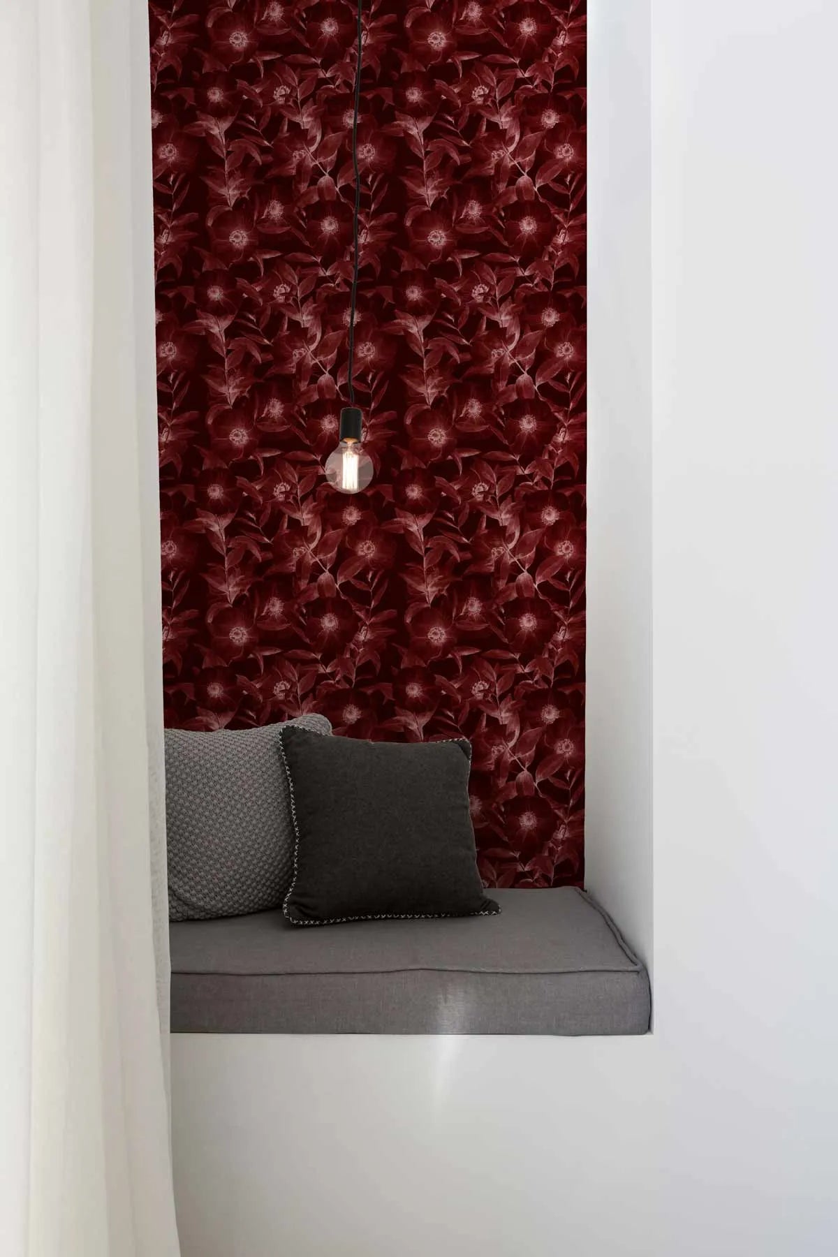 Lilleth Deep Crimson Red Wallpaper from Olive et Oriel where you can shop wallpaper and artworks online