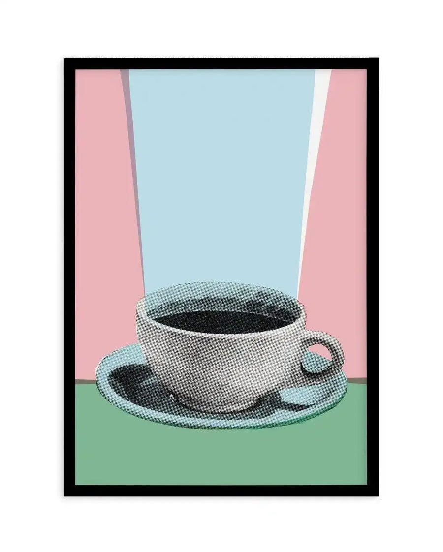 Retro art print featuring a steaming cup of black coffee on a saucer, set against a background of light blue, pale pink, and mint green, with a black frame. The illustration has a halftone dot texture, giving it a vintage comic book feel.