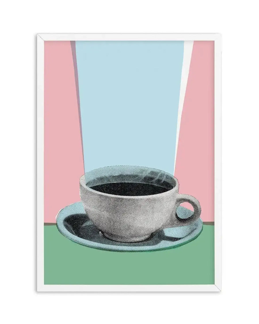 Retro art print featuring a steaming cup of black coffee on a saucer, rendered in a pop art style with halftone dots. The cup and saucer are light grey, set against a background of pastel green, light blue, and pink, with a white frame.