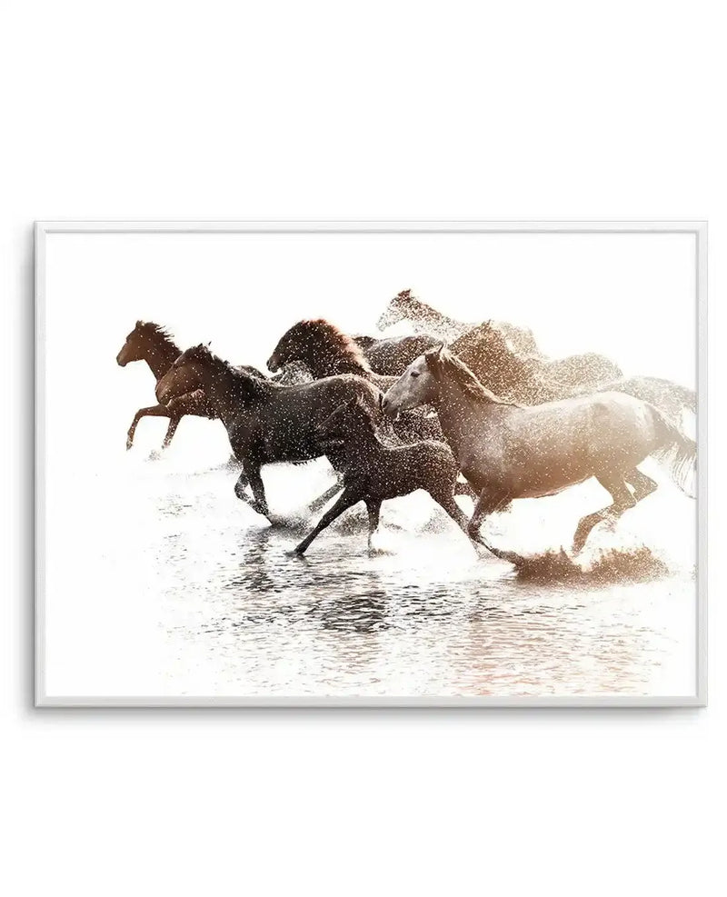 Framed art print featuring a photograph of five horses running through shallow water and sand on a beach. The horses, ranging from dark brown to light tan in color, are captured mid-gallop with water and sand spraying around their legs and bodies. The image has a soft, sepia-toned color palette with warm browns and creams dominating the composition. The photograph has a ethereal, slightly faded quality with a light, overexposed sky. The print is mounted in a silver-gray frame with a white border.