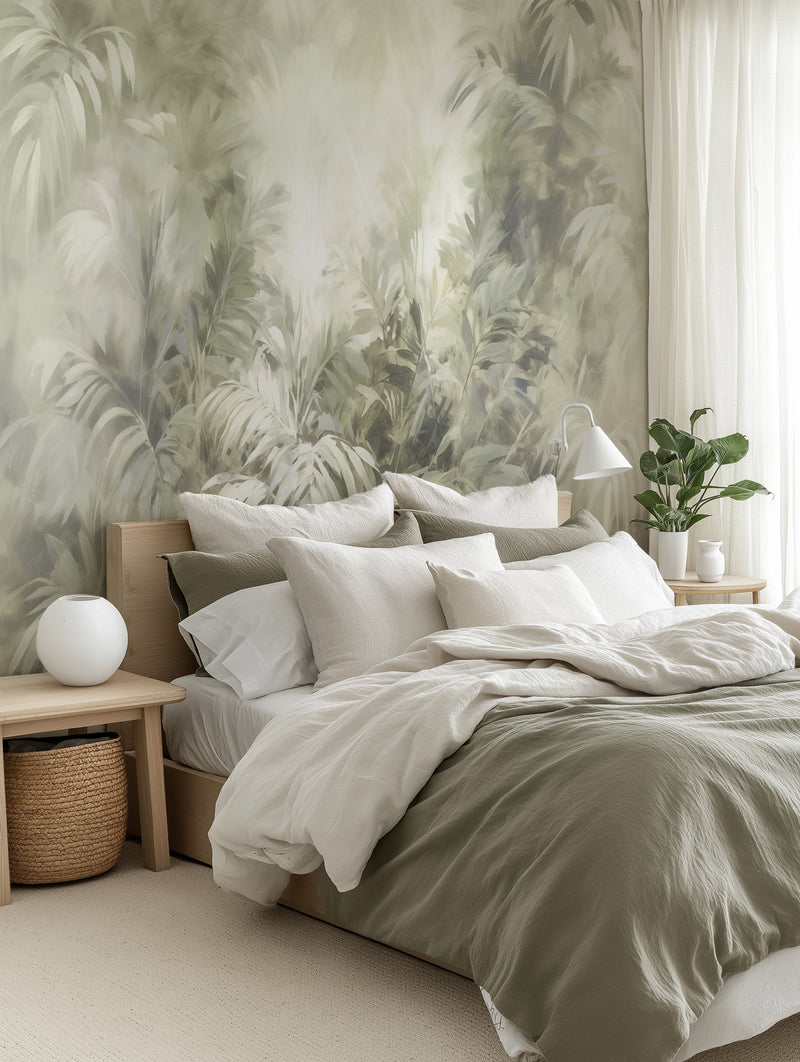 Sage Green Jungle Wallpaper Mural from Olive et Oriel where you can shop wallpaper and artworks online