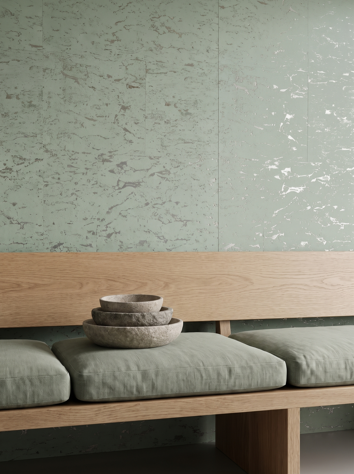 sage green silver cork wallpaper hotel lobby wallcovering