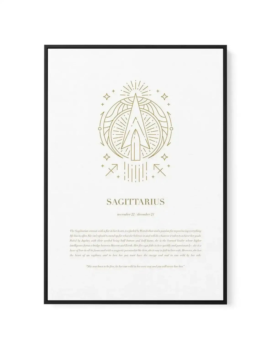 Framed canvas print featuring a minimalist line art illustration of the Sagittarius zodiac sign in metallic gold on a white background, with a black frame. The central motif is an upward-pointing arrow within a circular design, surrounded by small star and cross symbols. Below the illustration, the word "SAGITTARIUS" is written in gold, followed by "november 22 - december 21" in a smaller font. The bottom of the print includes a paragraph of text describing the Sagittarius personality and a quote.