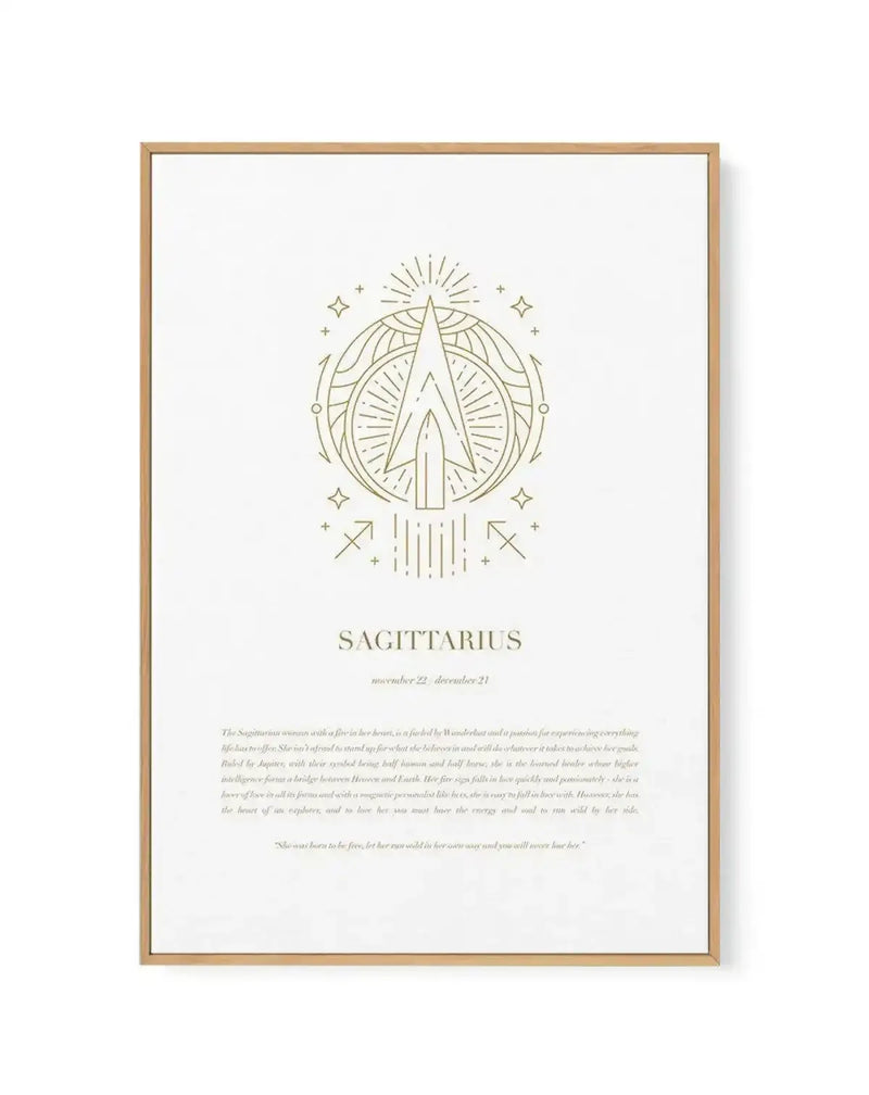 Sagittarius zodiac framed canvas art print featuring a gold line illustration of an archer's arrow within a circular mandala design, surrounded by radiative lines and small stars. The text "SAGITTARIUS" appears below the symbol with "november 22 - december 21" in smaller font. Descriptive paragraph text about Sagittarius traits is printed in gold below, followed by an italicized quote. The artwork is rendered in muted gold tones on an off-white background, enclosed in a natural wood frame with white border.