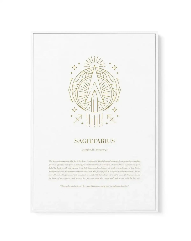 Sagittarius zodiac framed canvas art print featuring a centered gold line illustration of the archer symbol within a circular mandala design surrounded by radiating lines and small stars. Below the icon, "SAGITTARIUS" appears in gold serif text with "november 22 - december 21" in smaller text underneath. Descriptive paragraph about Sagittarius traits follows in gold text. The artwork is printed on white canvas with a gray border frame, displayed against a white background.