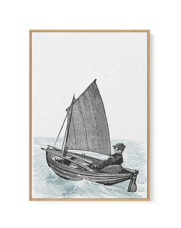 Framed canvas art print featuring a detailed pen and ink illustration of a solitary figure in a small sailboat on choppy water. The boat has a tall, ribbed sail rendered in black linework, while the water is depicted in soft seafoam green watercolor tones with wave details. The figure wears period clothing and sits in the wooden boat, which is shown in fine black line detail. The artwork is mounted in a natural wood frame with a white border, displayed against a neutral background.