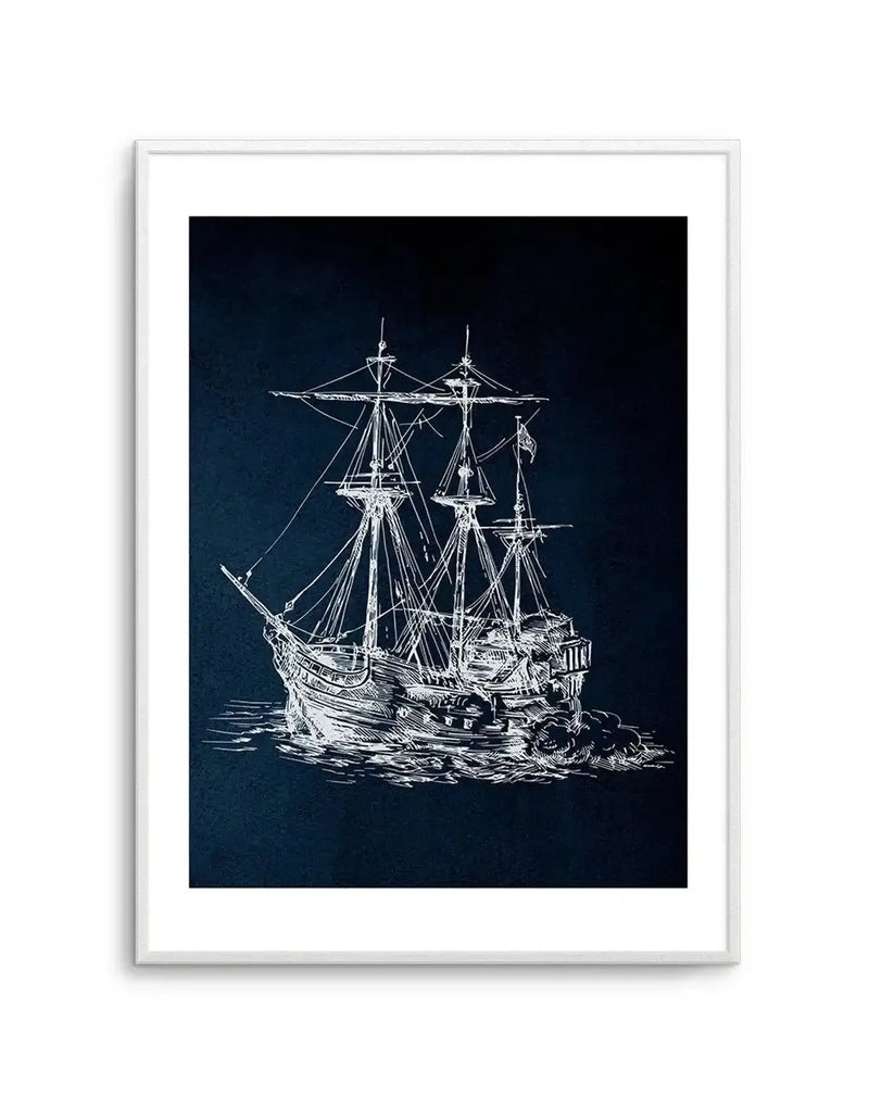 Art print featuring a detailed white line drawing of a three-masted sailing ship on a dark navy blue background, displayed in a white frame with a white border. The ship is rendered with fine lines, showing rigging, sails, and hull details, with subtle white lines indicating water around its base.