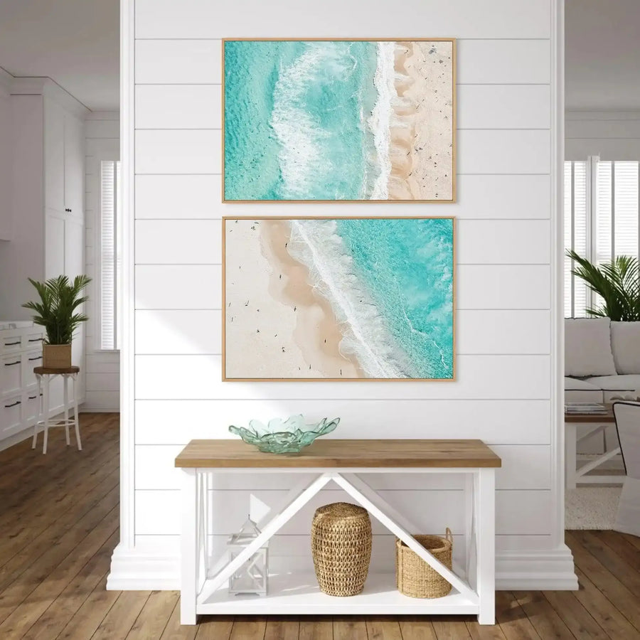 Sand to Sea Bondi | Aerial Photo Framed Canvas Art Print aqua orange coastal art print