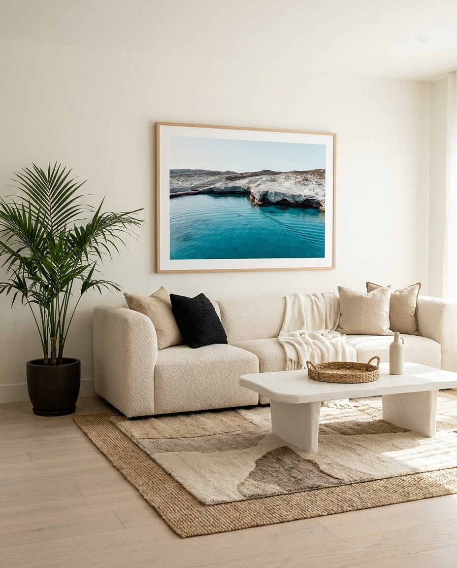 Sarakiniko Boating, Milos LS by Michael Geercke framed photographic art print by Art of Flight Co styled extra large in a coastal Australian living space at Olive et Oriel