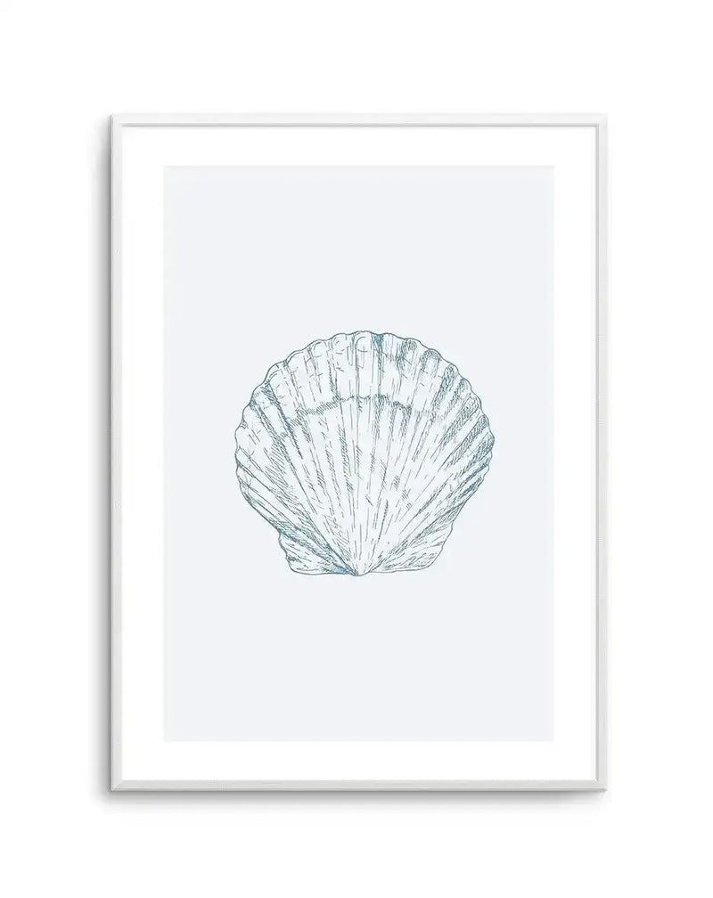 Framed art print featuring a detailed line drawing of a bay scallop shell centered on a light gray background. The scallop is rendered in fine blue-gray ink with delicate radiating lines extending from the shell's hinge point to its fluted edges, creating dimension and texture. The shell is shown from a frontal view against a white border within a light gray frame.