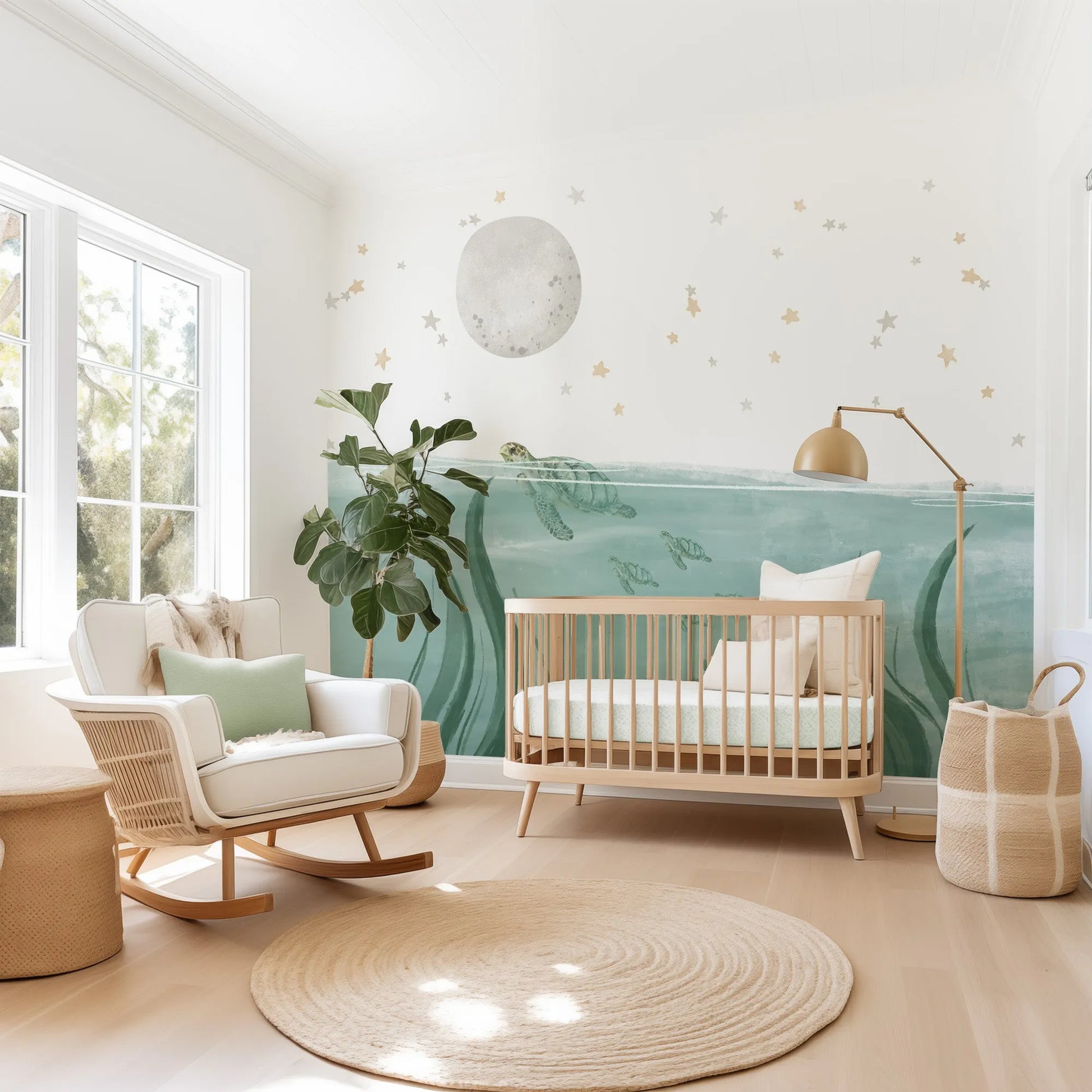 Sea Turtles In The Moonlight Wallpaper Mural from Olive et Oriel where you can shop wallpaper and artworks online