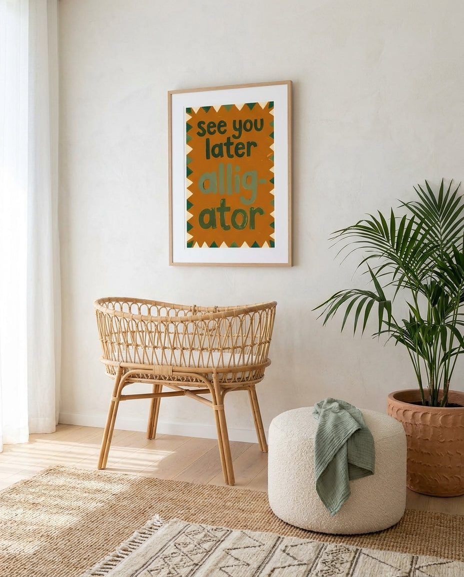 See You Later nursery art print framed and styled on the wall of a coastal Australian baby room at Olive et Oriel