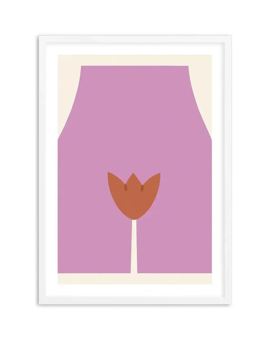 Abstract art print featuring a stylized human torso in a muted lavender hue, with a simplified, reddish-brown tulip shape representing the vulva, and a cream-colored background. The print is displayed in a white frame with a white border.