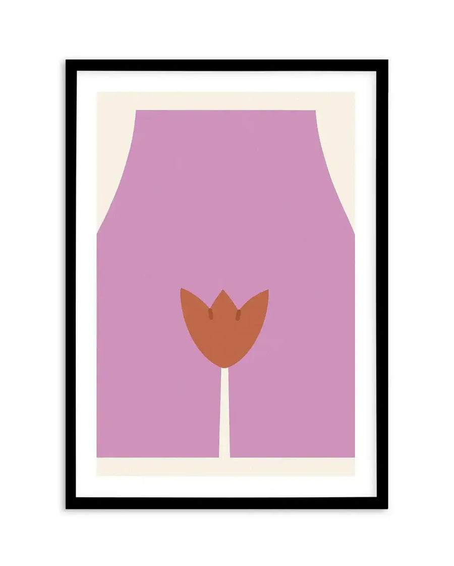 Art print featuring a minimalist illustration of a stylized female torso from the waist down, with the legs slightly parted to reveal a simplified, abstract representation of a vulva in the shape of a reddish-brown tulip, all against a solid lavender background, displayed in a black frame with white border.