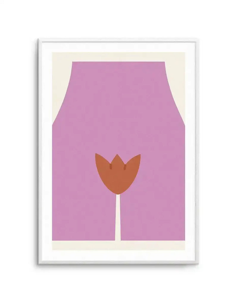 Art print featuring a minimalist illustration of a stylized female torso from the waist down, with a deep lavender background and a central, abstract representation of a vulva as a rust-orange tulip with a white stem. The print is displayed in a white frame with a white border.